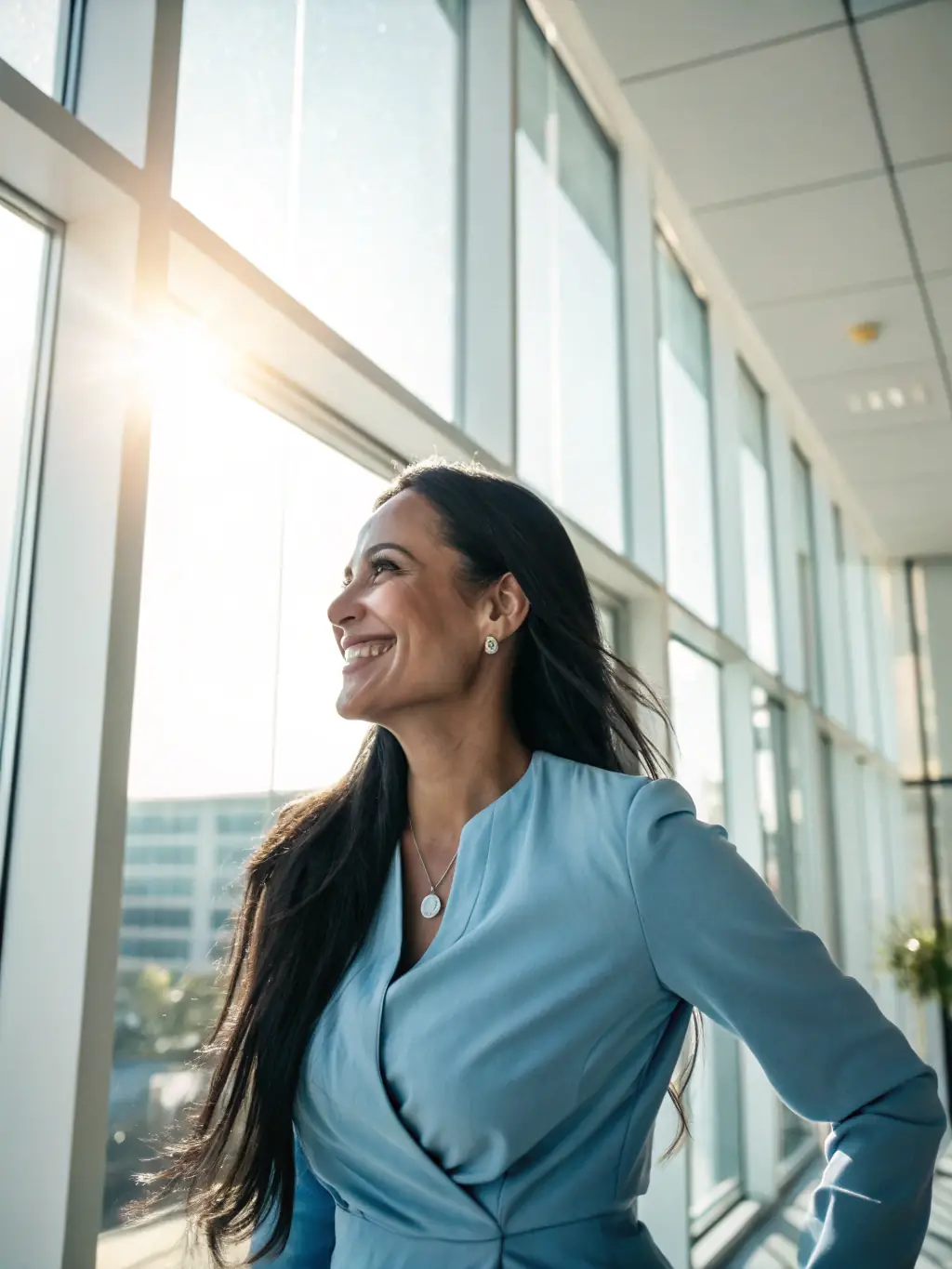 A photo of a successful young woman from a rural Indian background, now working as a web developer, smiling confidently in a modern office setting.