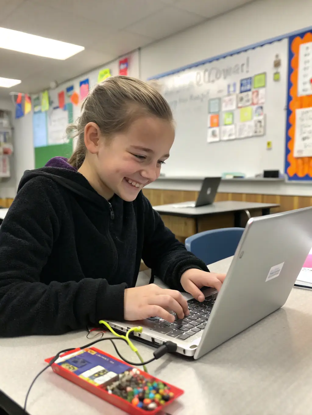 A photo of a young student in rural India using a laptop, focused on coding, with a bright and hopeful expression. The background shows a simple classroom setting.