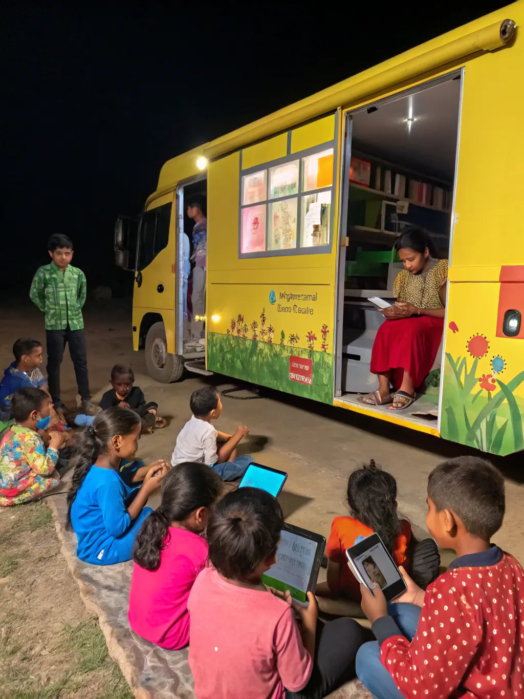 A group of students in a rural Indian village gathered around a teacher, all engaged in a coding lesson using tablets. The scene is vibrant and shows active learning.